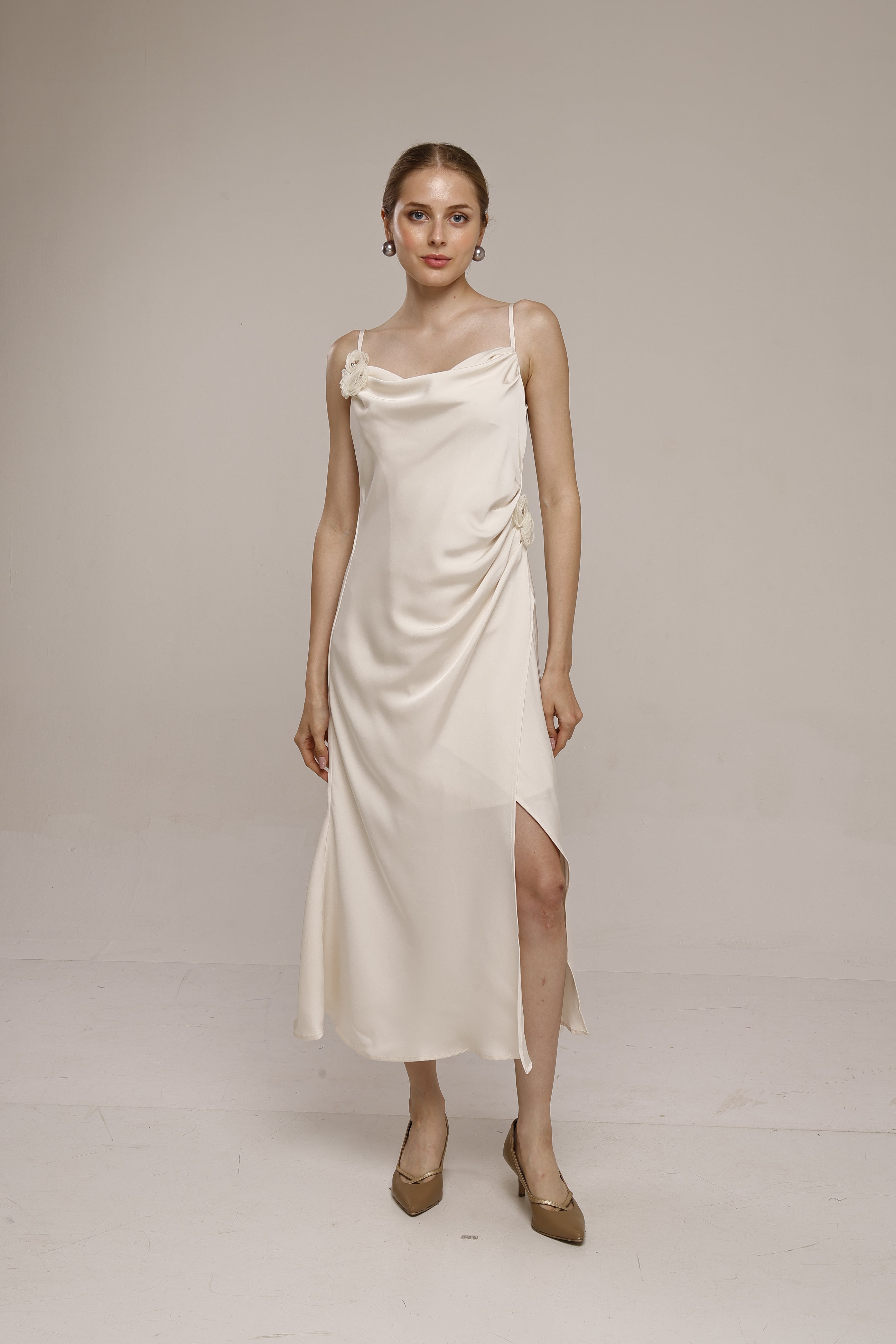 Solid Spaghetti Straps satin midi dress White