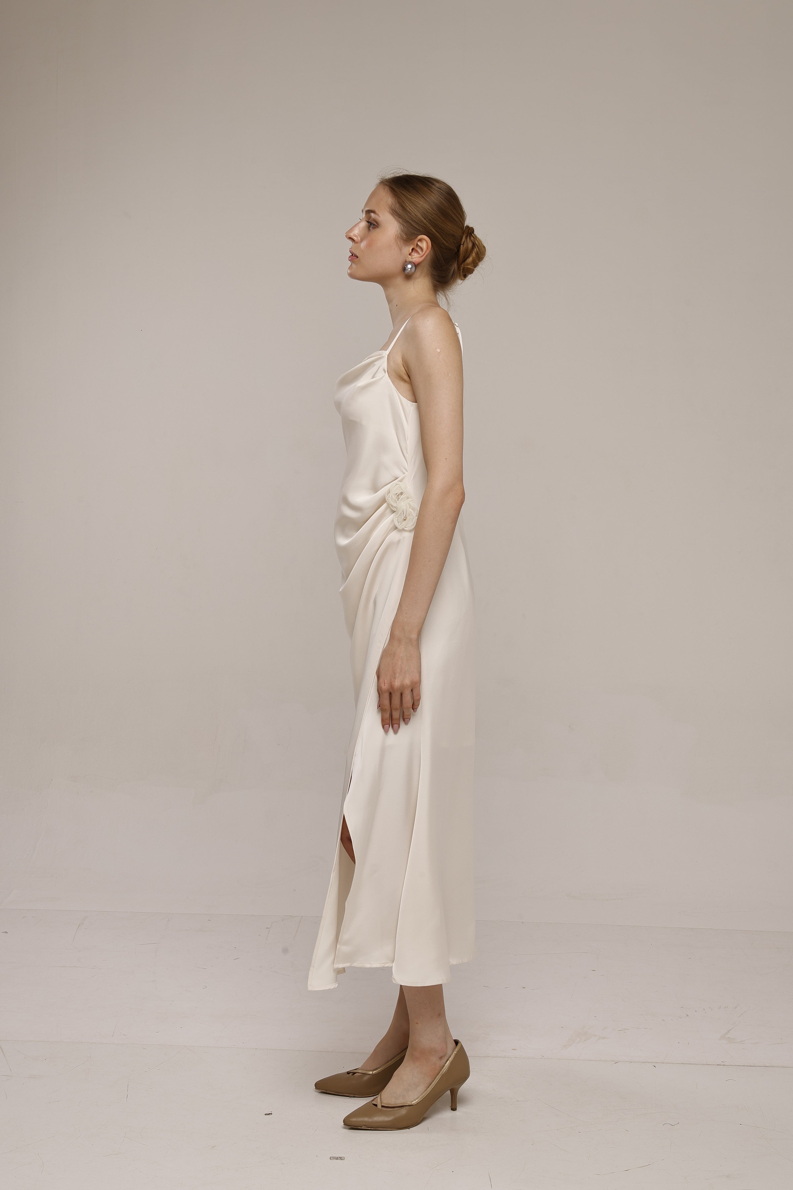 Solid Spaghetti Straps satin midi dress White