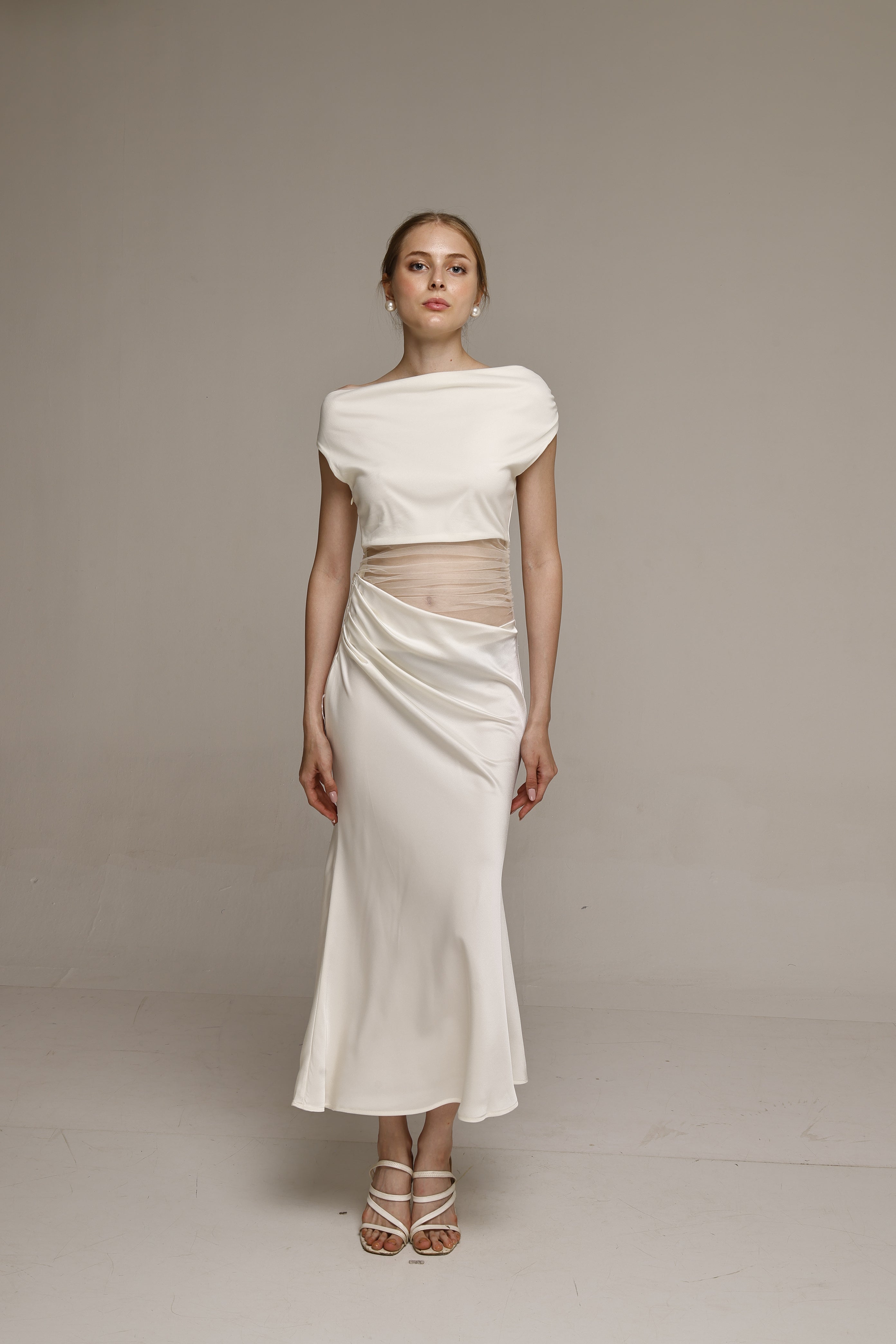 Solid Mesh one shoulder midi dress White