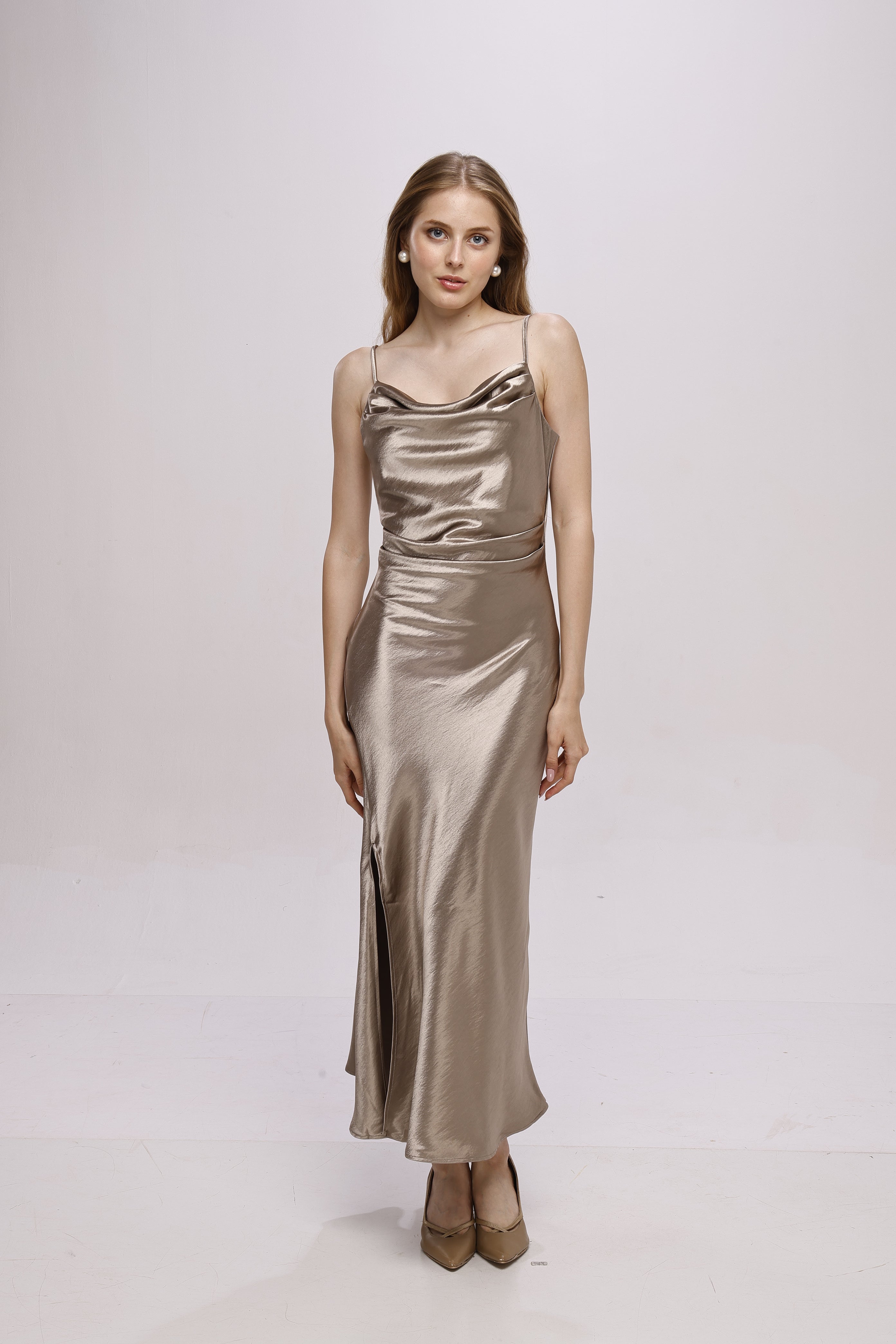 Solid Spaghetti Straps satin midi dress Grey