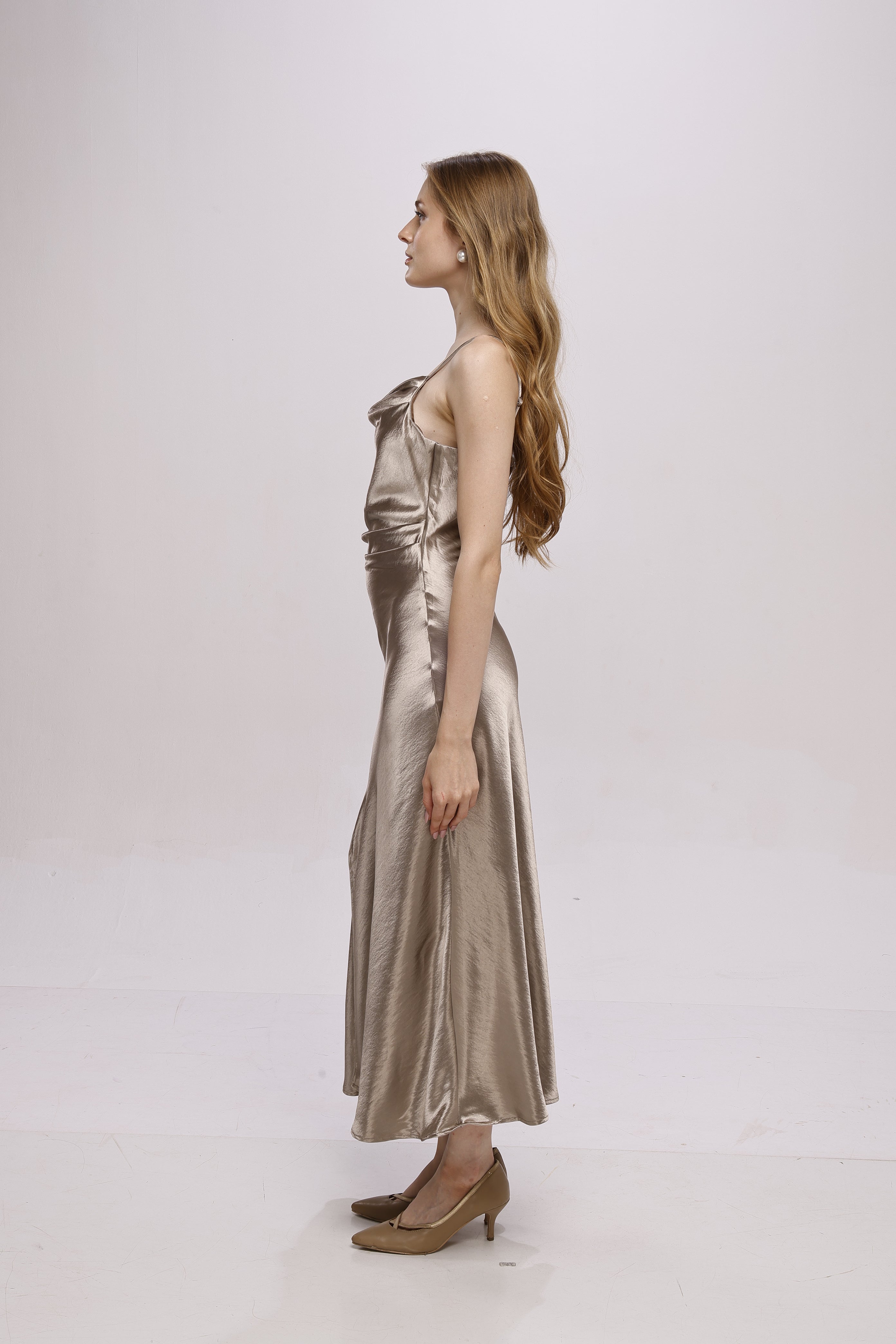 Solid Spaghetti Straps satin midi dress Grey