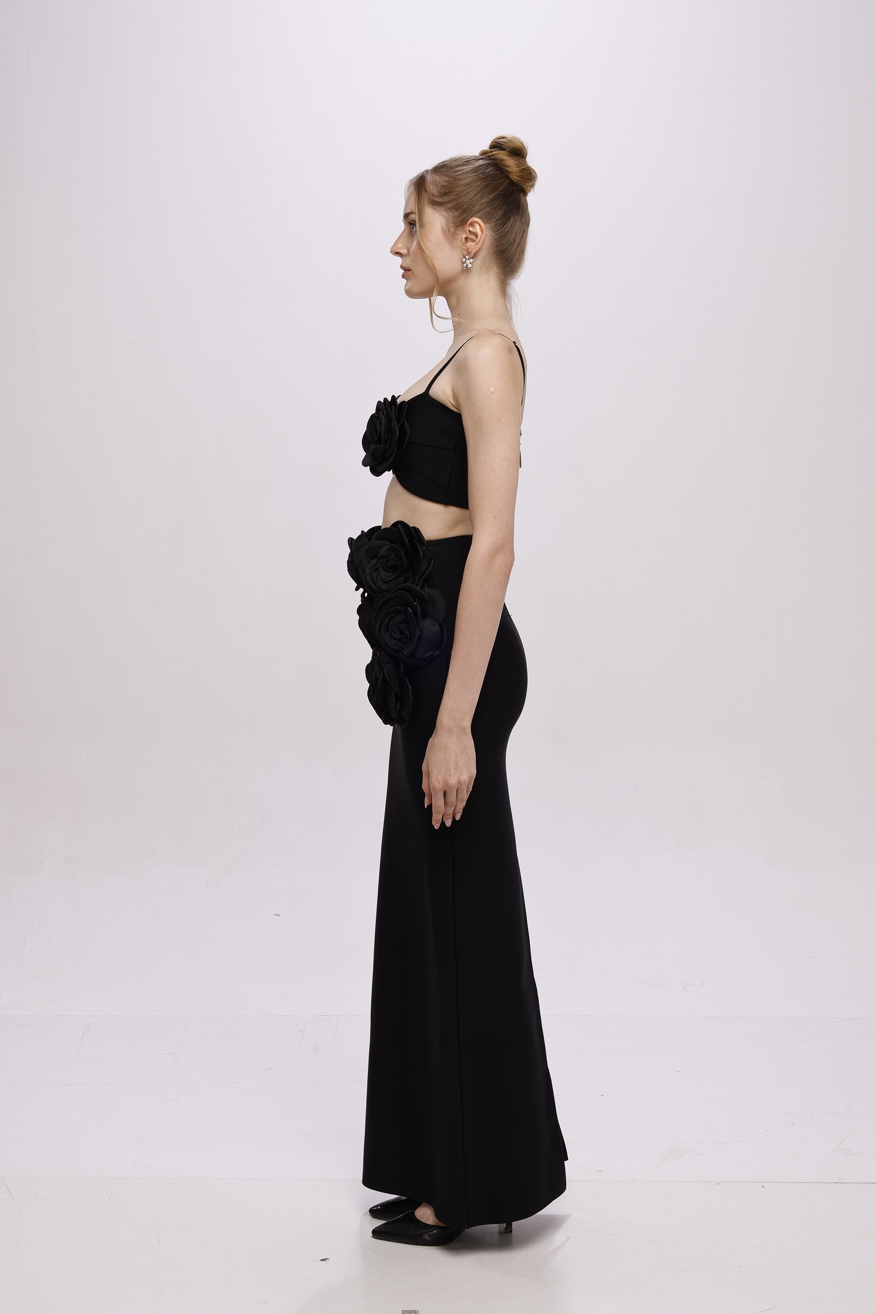 Bandage flower top co-ord skirt set Black