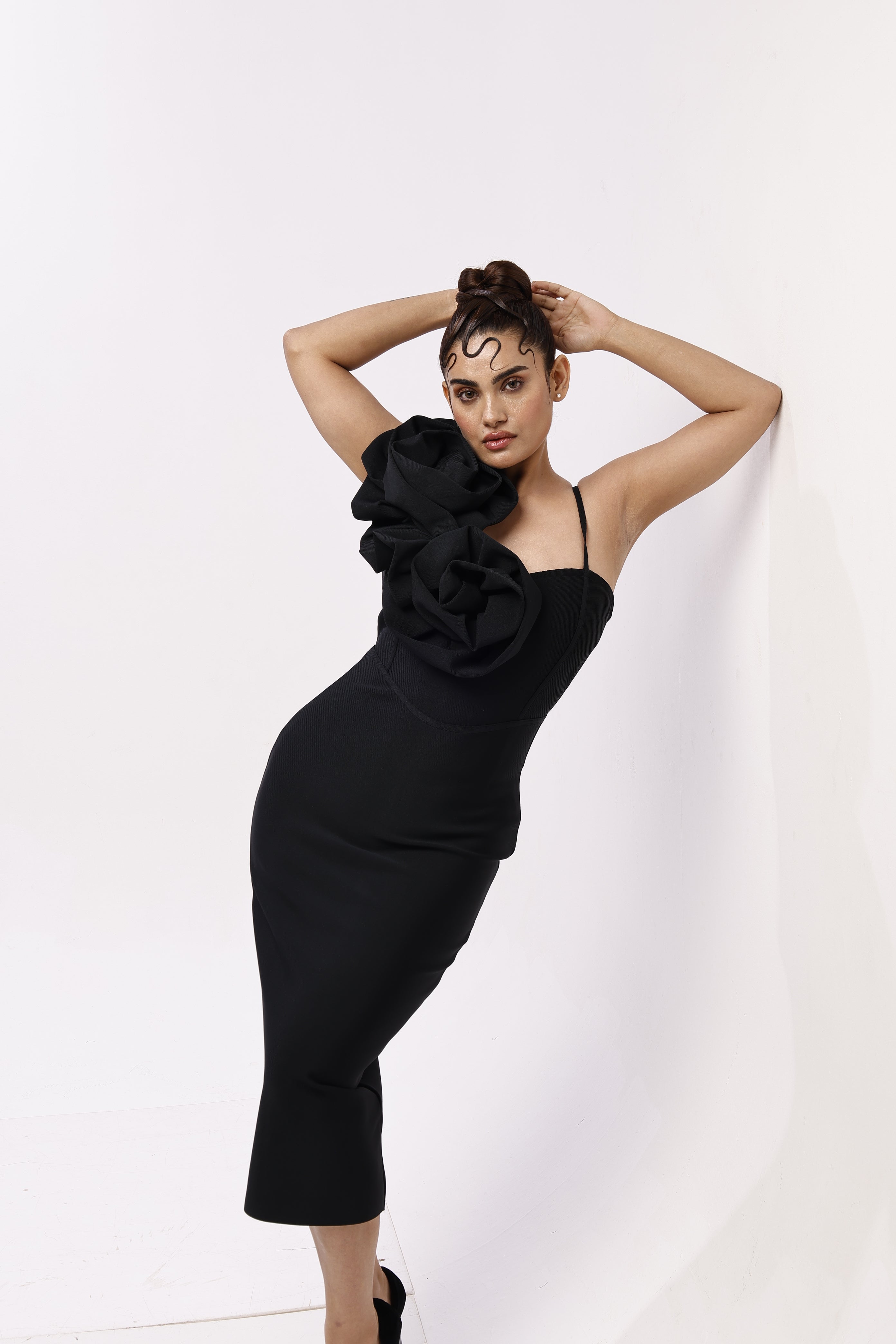 Solid Bandage flower one shoulder midi dress Black