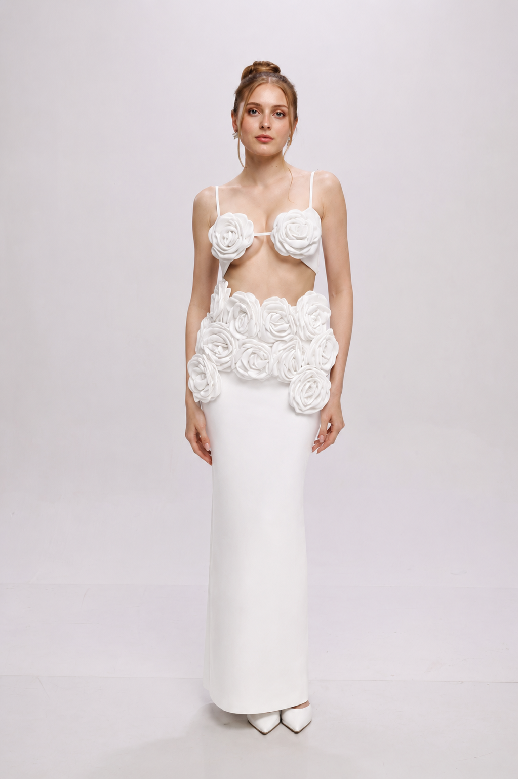 Bandage flower top co-ord skirt set White
