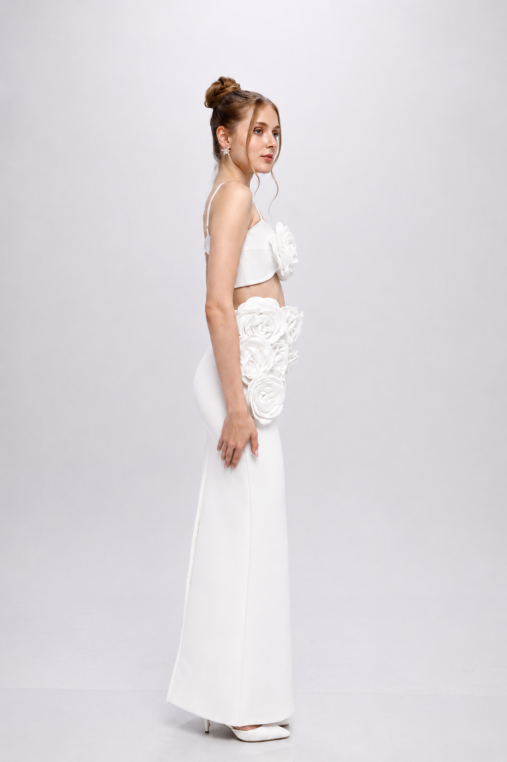 Bandage flower top co-ord skirt set White