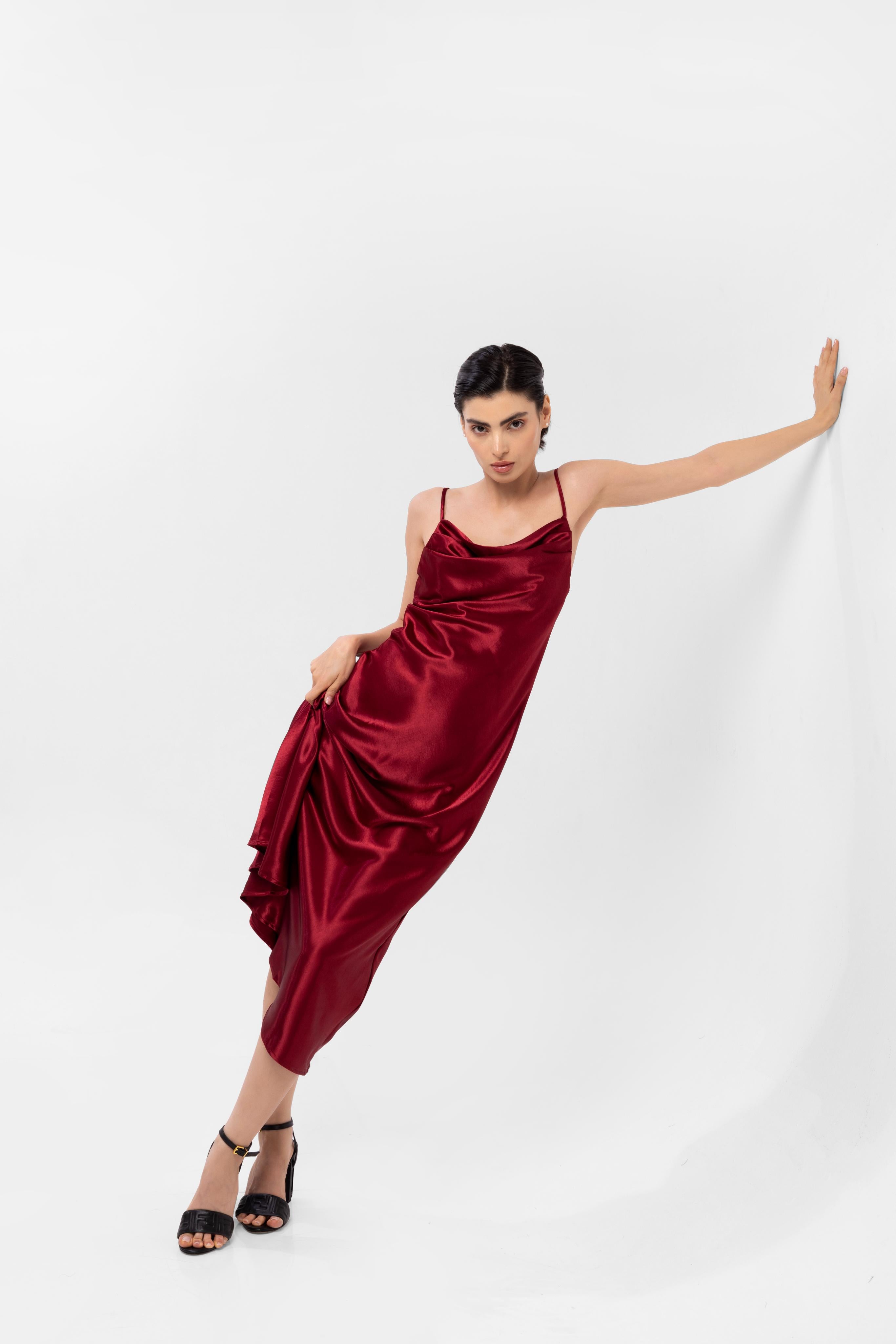 Solid Spaghetti Straps satin midi dress Red