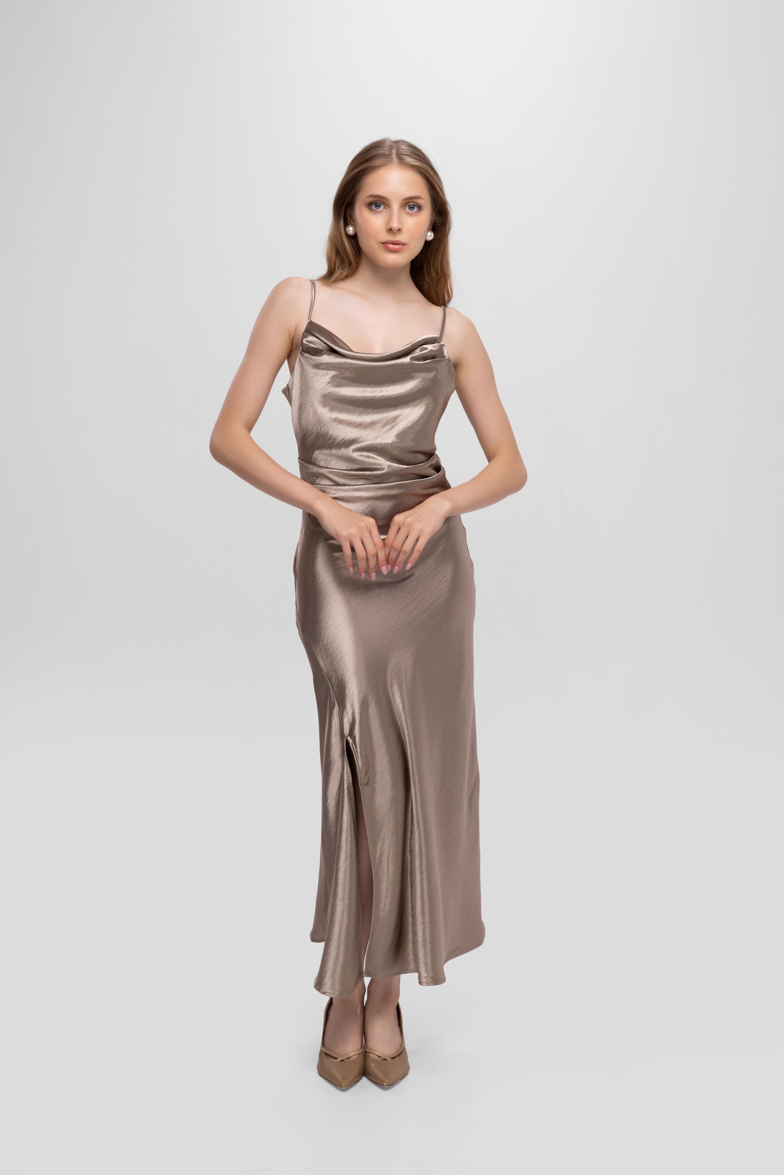 Solid Spaghetti Straps satin midi dress Grey