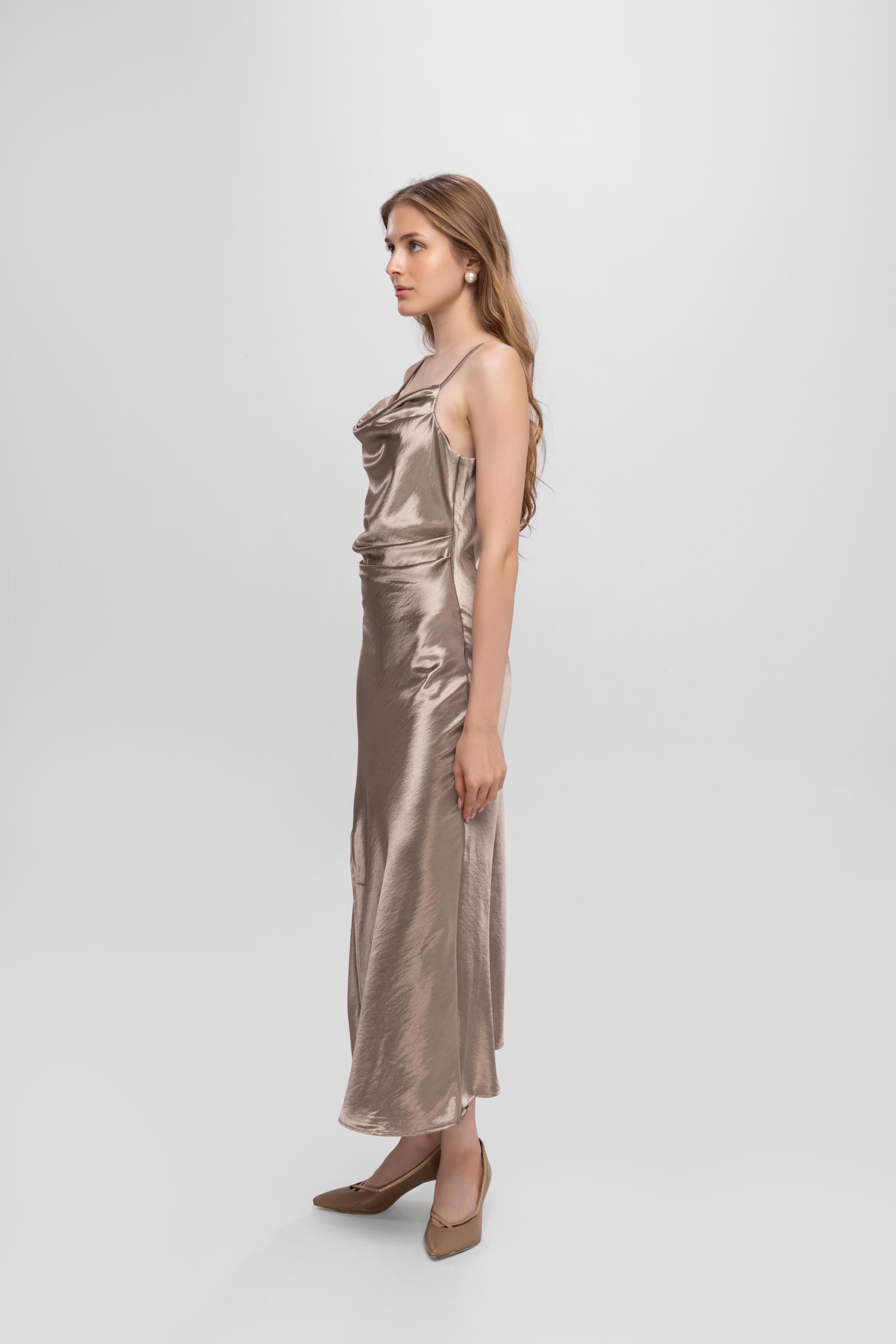 Solid Spaghetti Straps satin midi dress Grey