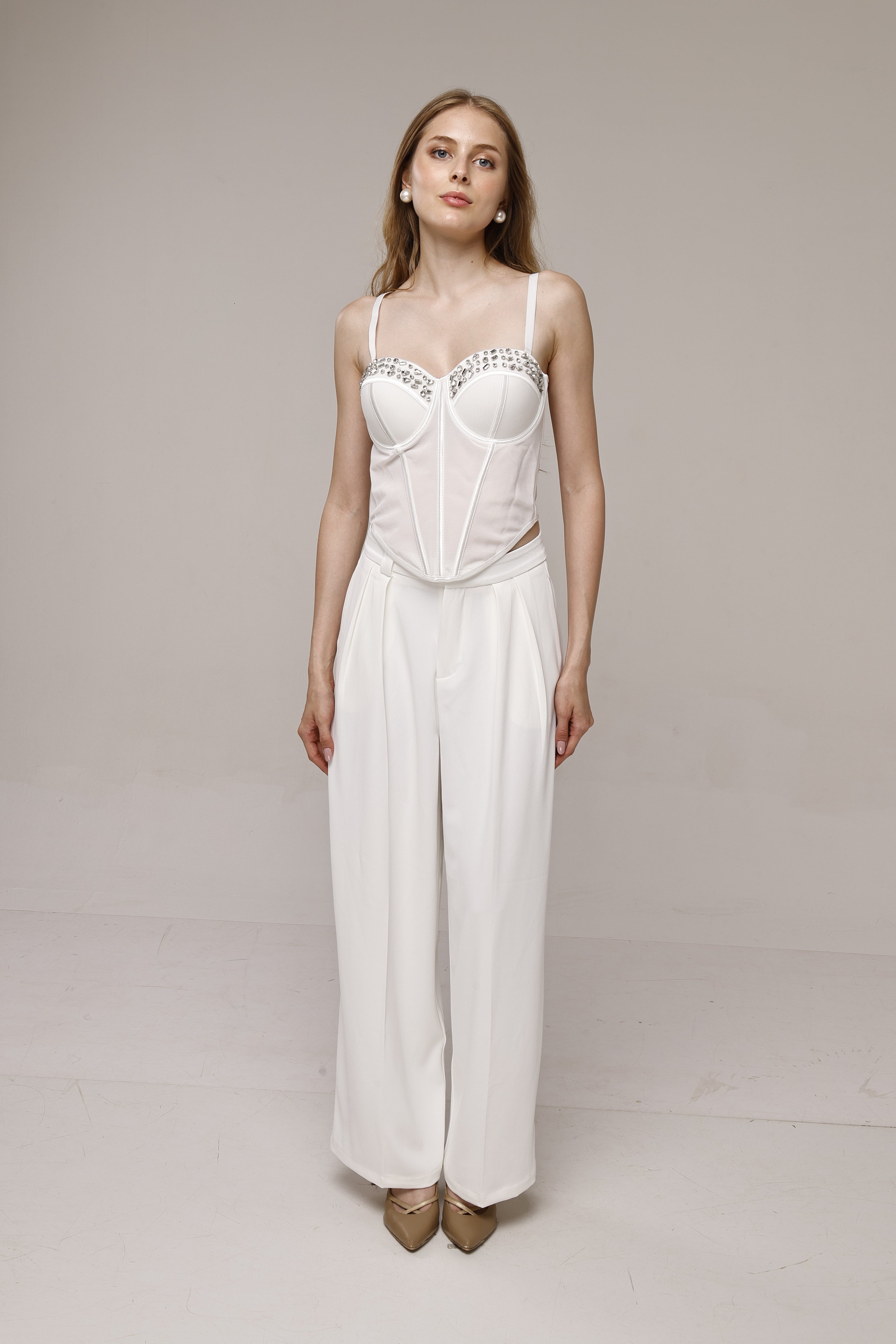 Solid high waist wide leg trouser pant White