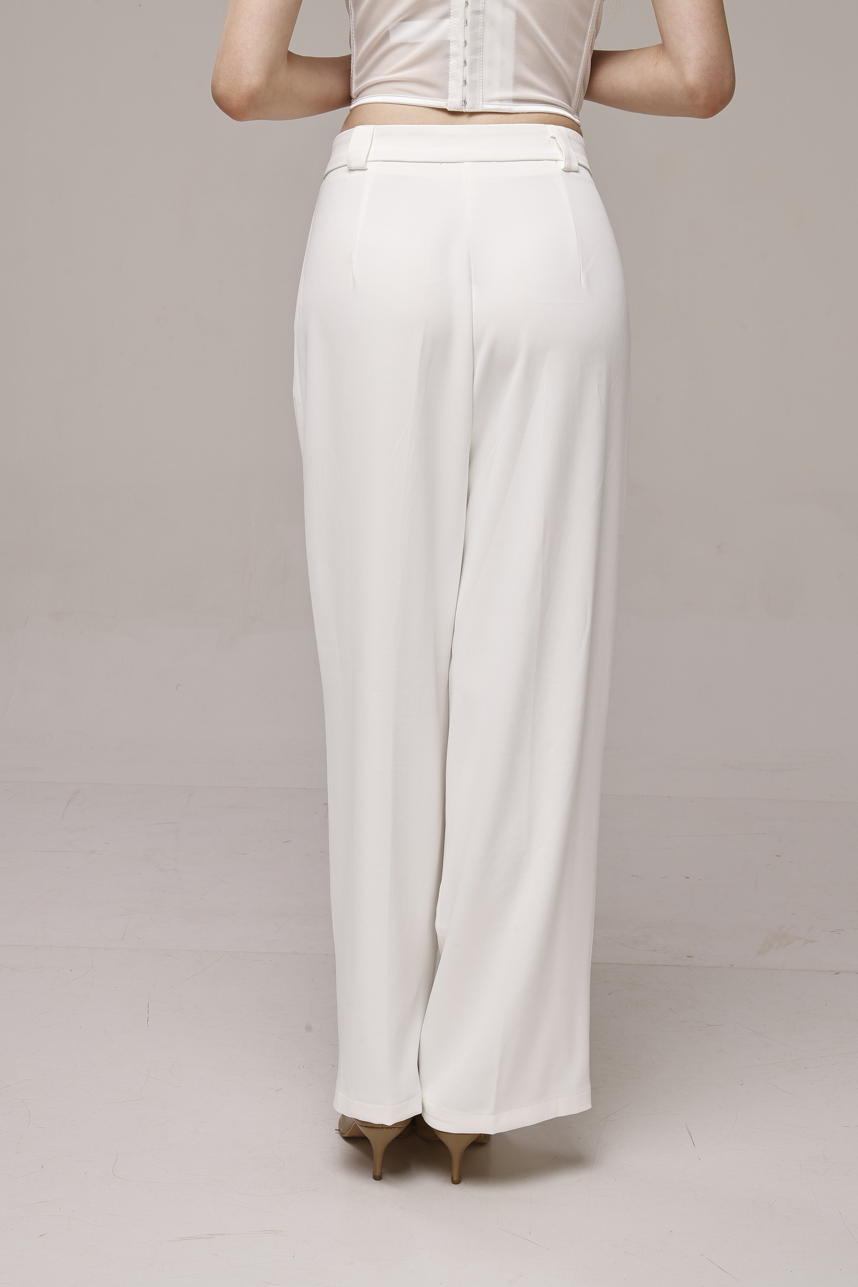 Solid high waist wide leg trouser pant White