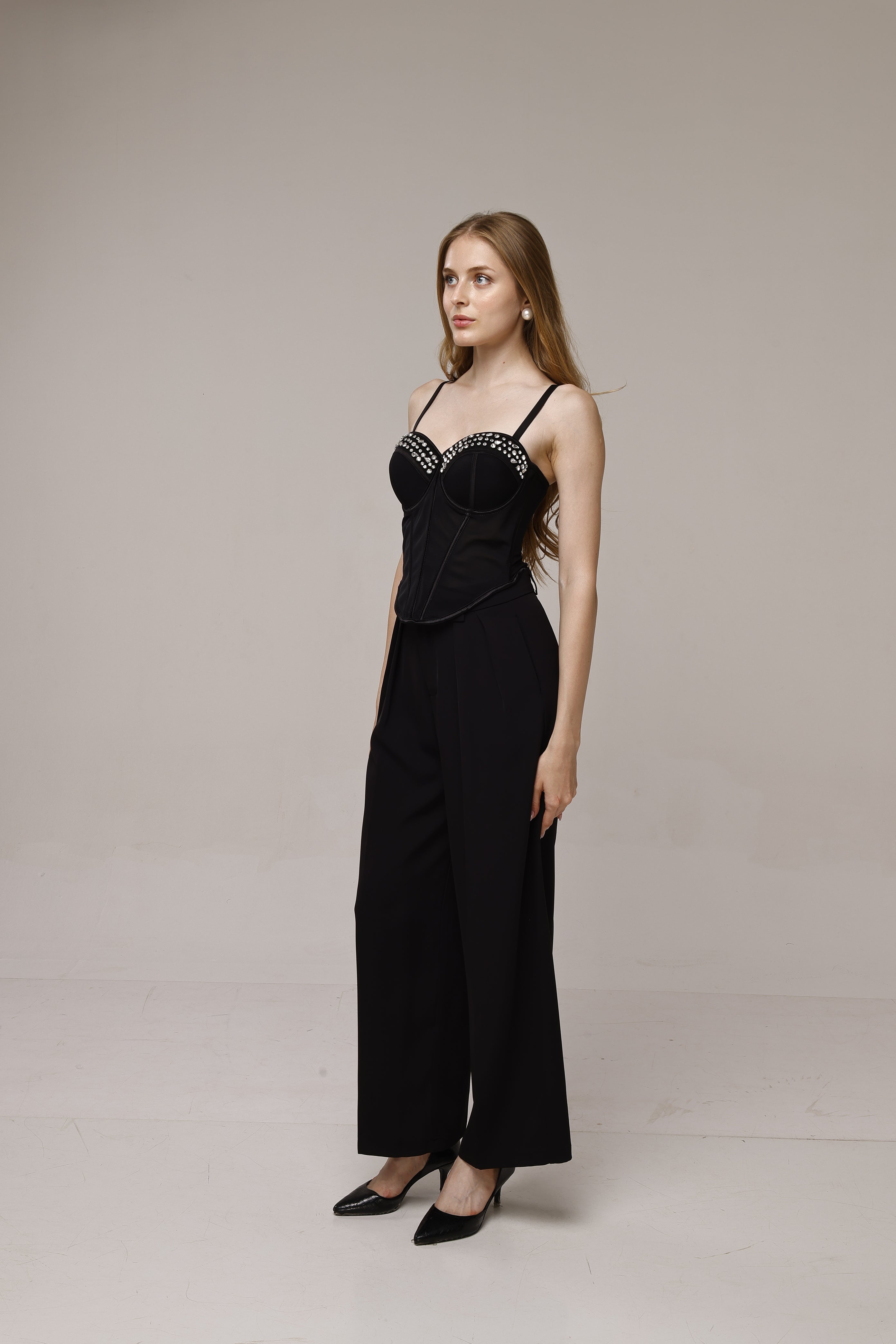 Solid high waist wide leg trouser pant