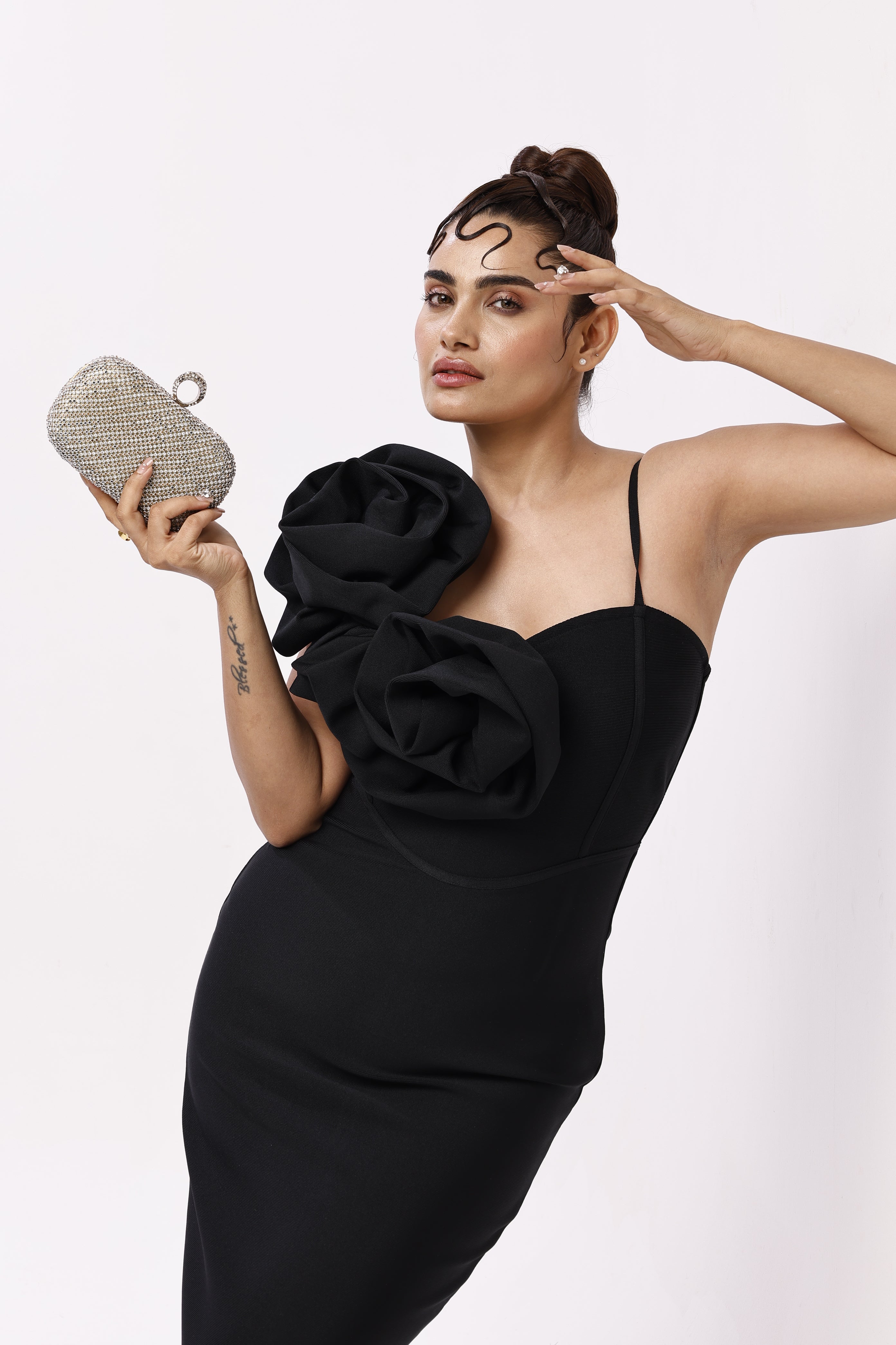 Solid Bandage flower one shoulder midi dress Black