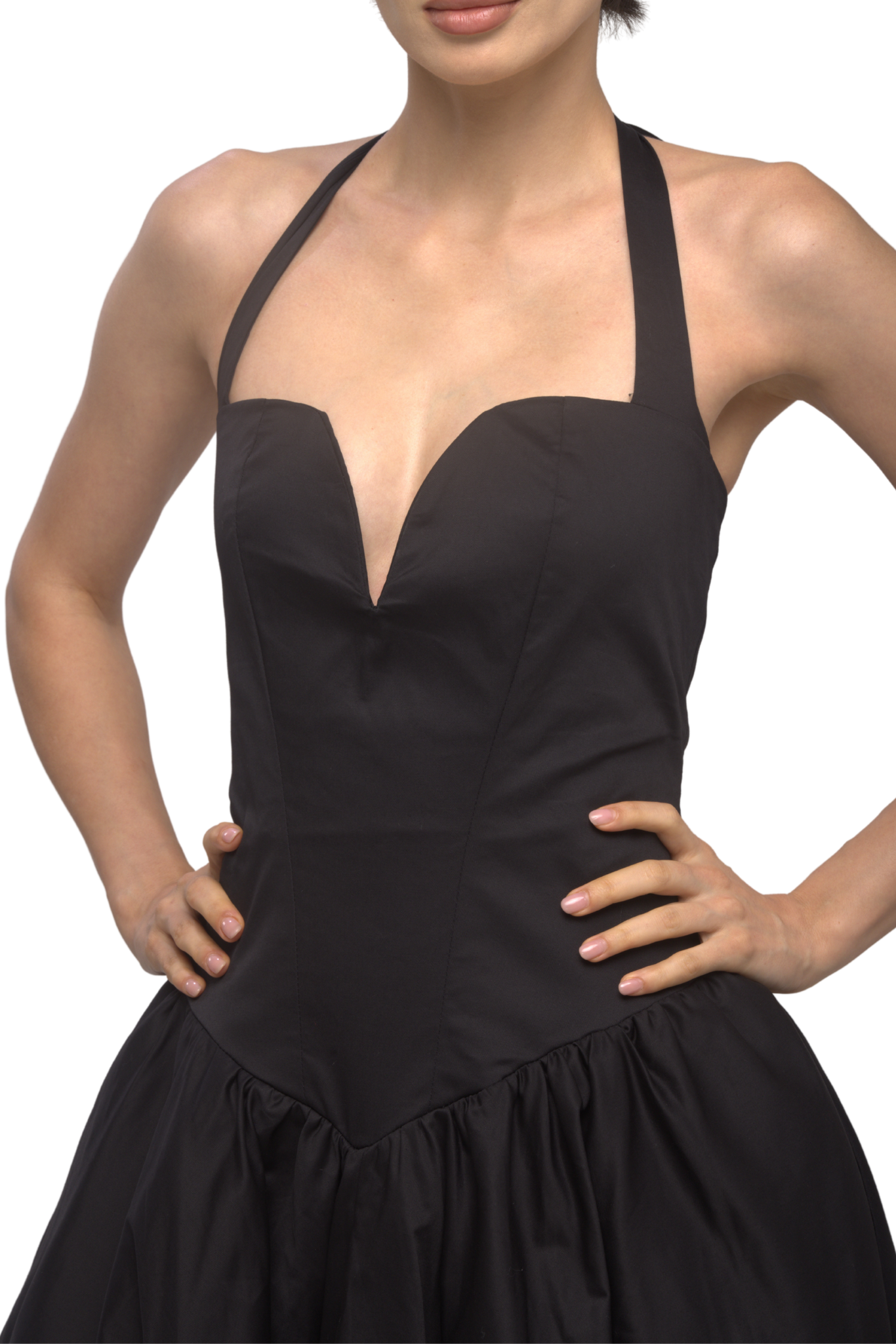 Solid halter neck long princess dress-Black