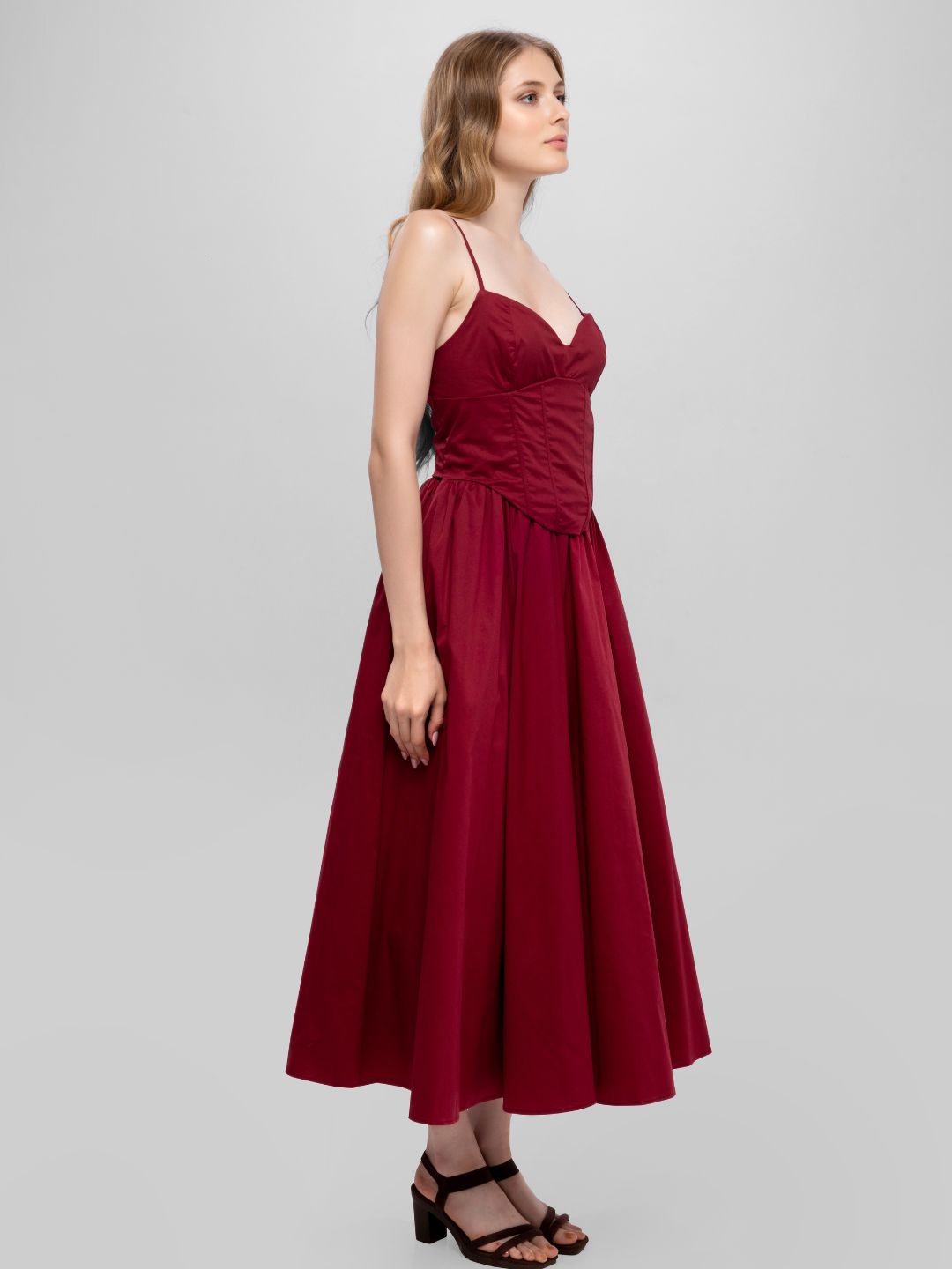 Solid Spaghetti Straps long princess dress Wine Red