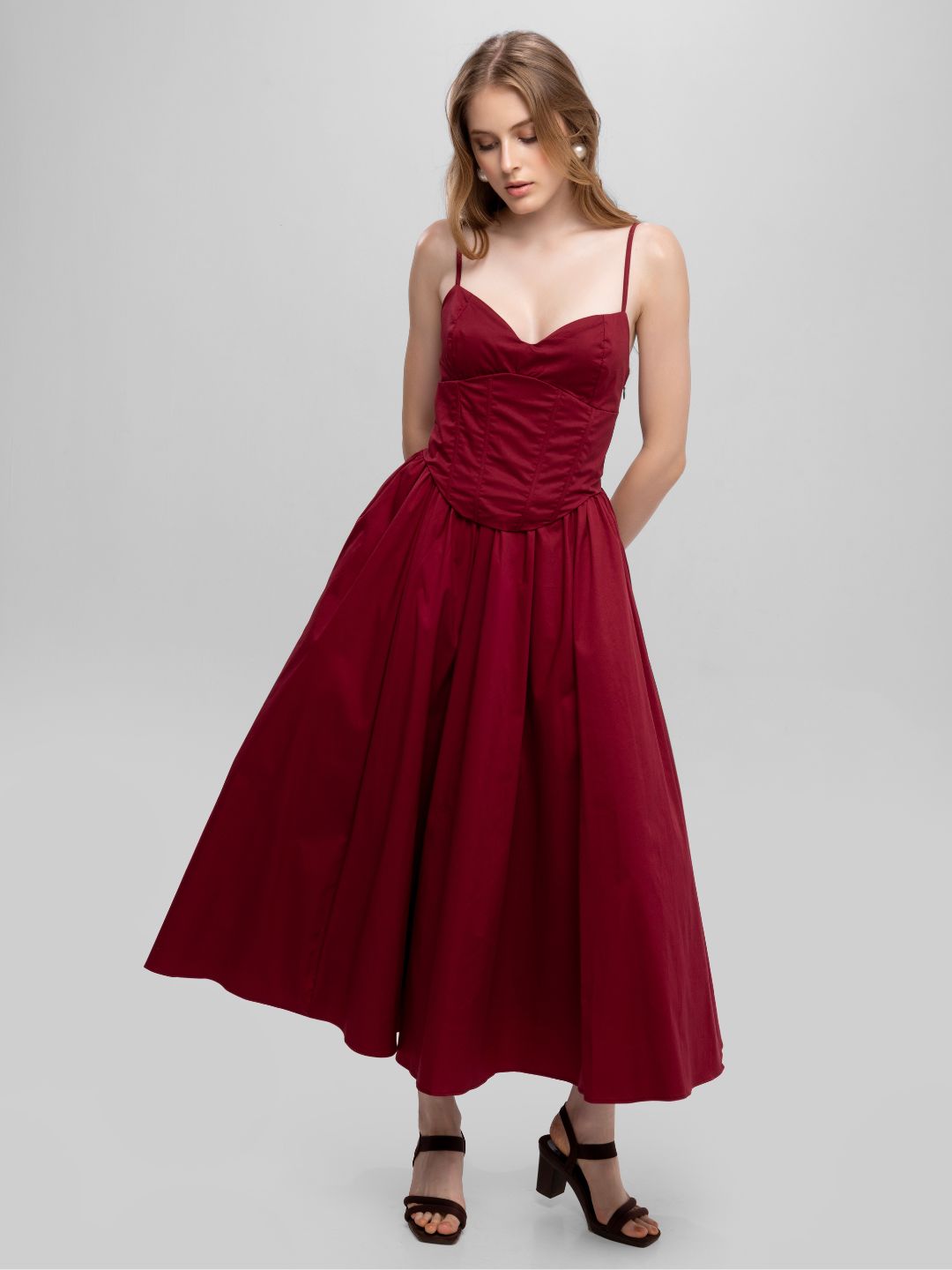 Solid Spaghetti Straps long princess dress Wine Red