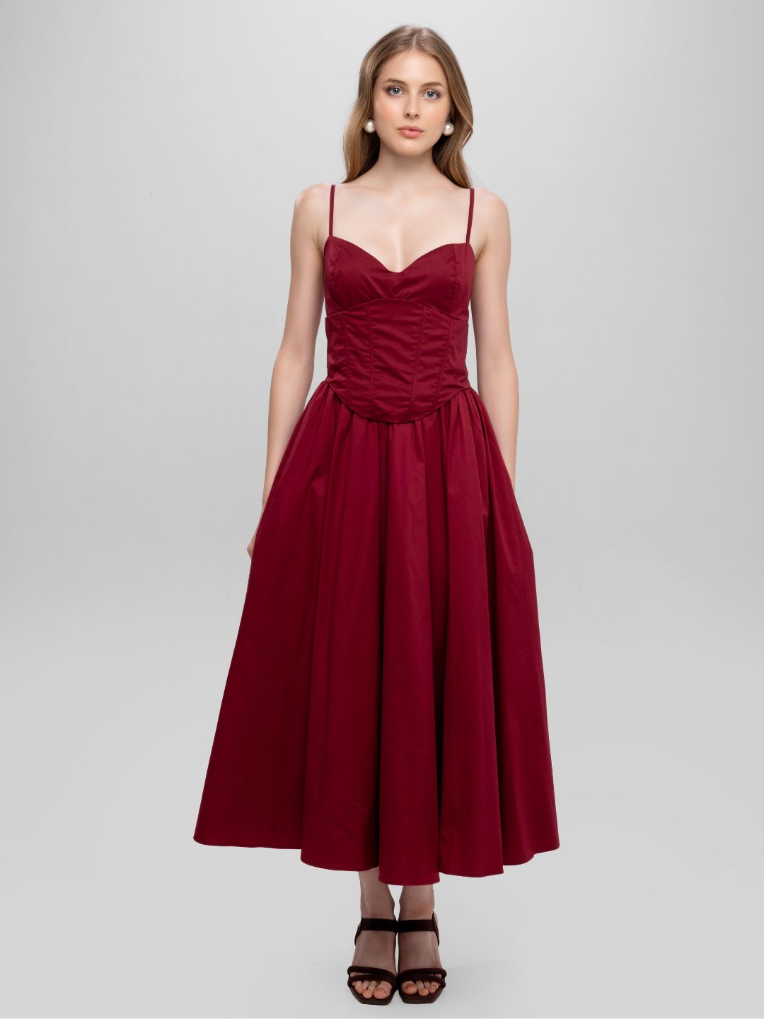 Solid Spaghetti Straps long princess dress Wine Red